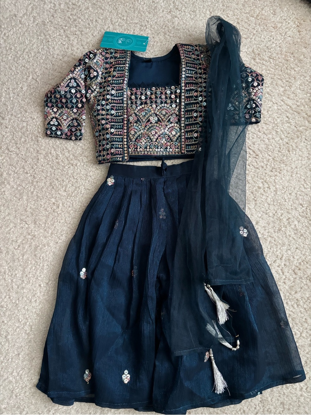 Girls Navy Embroidered Lehenga Set with Dupatta